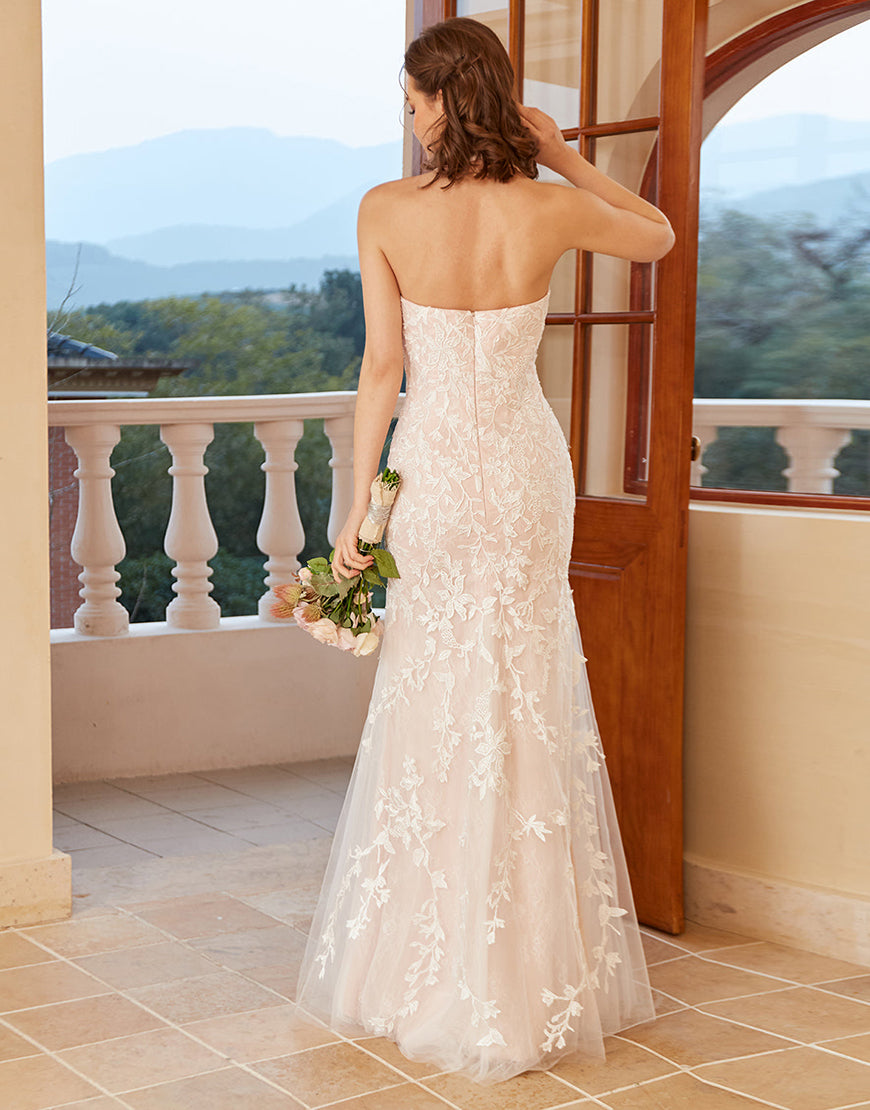 Luolandi Mermaid Deep V Neck Lace Wedding Dress with Appliques Beautiful