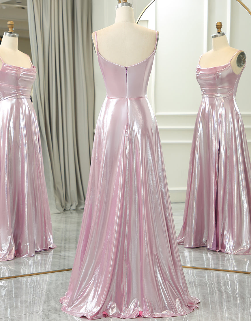 Luolandi Sparkly Pink A Line Spaghetti Straps Long Prom Dress Sexy Evening Dresses