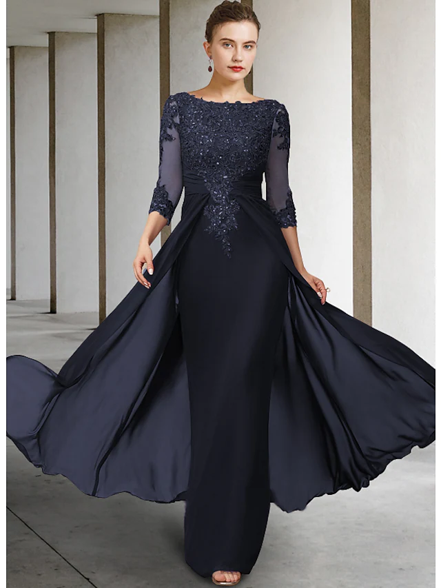 Luolandi Mother of the Bride Dress Elegant Sparkle & Shine Jewel Neck Asymmetrical Floor Length Chiffon Lace 3/4 Length Sleeve with Appliques