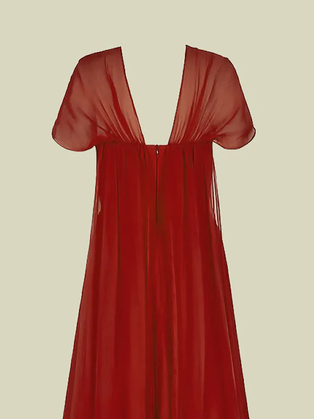 Luolandi A-Line Mother of the Bride Dress Elegant V Neck Floor Length Chiffon Short Sleeve with Pleats Ruby