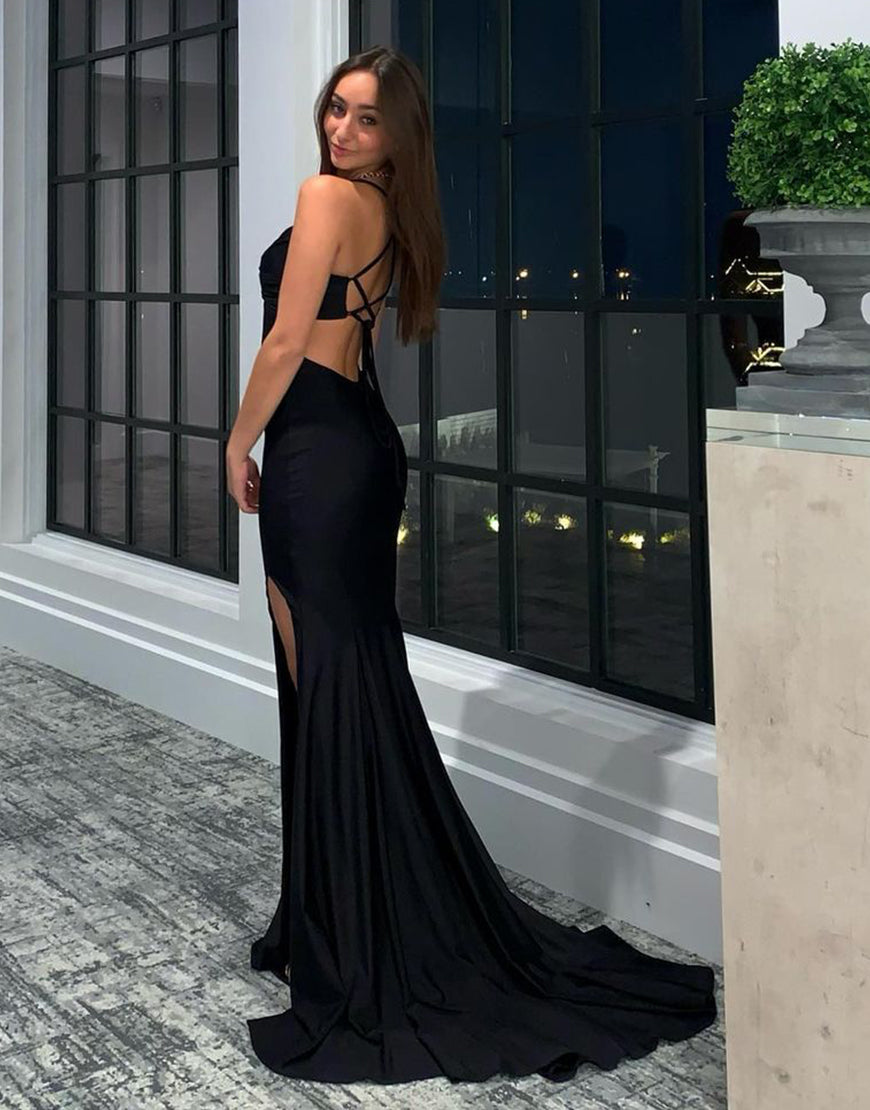 Luolandi Mermaid Backless Black Prom Dress with Split Sexy Evening Party Dresses