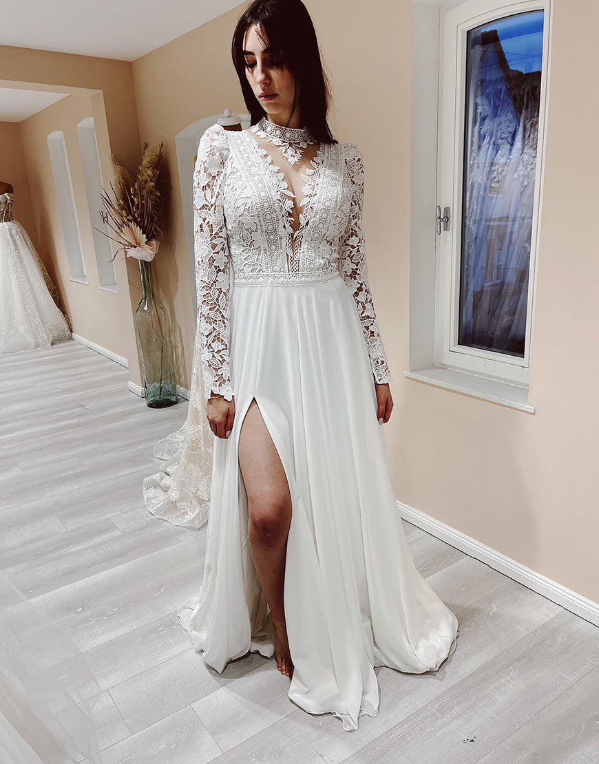 Luolandi A Line Long Sleeves Ivory Long Bridal Dress With Slit Wedding Dresses