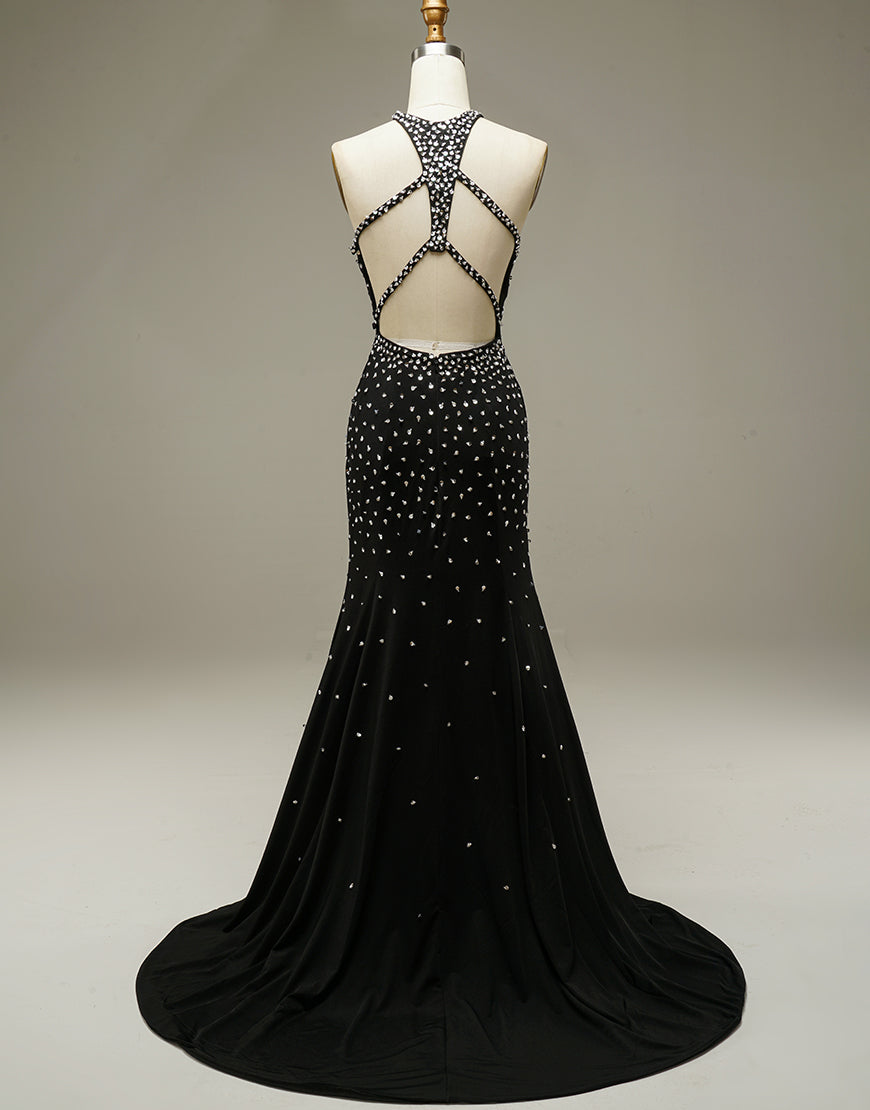 Luolandi Black Mermaid Beading Open Back Prom Dress Sparkly Evening Dress
