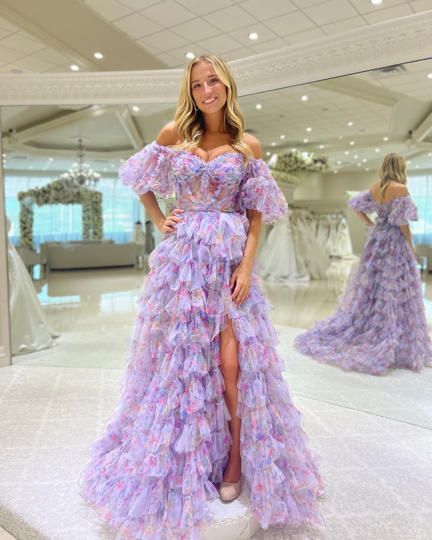 Luolandi Purple A-Line Sweetheart Tiered Long Prom Dress Off Shoulder With Slit