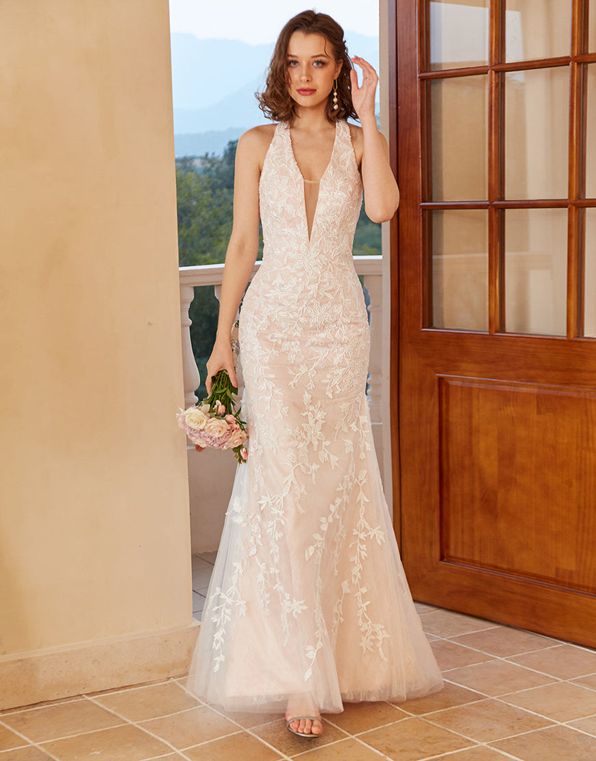 Luolandi Mermaid Deep V Neck Lace Wedding Dress with Appliques Beautiful