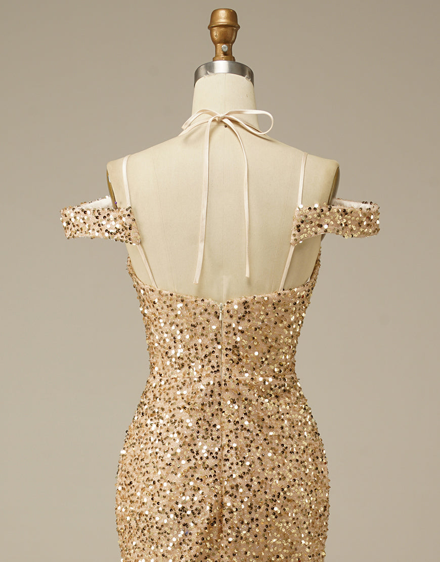 Luolandi Mermaid Off the Shoulder Champagne Prom Dress Sparkly With Slit