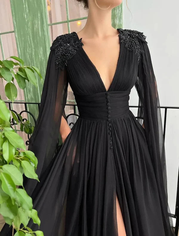 Luolandi A-Line Evening Gown Black Dress Plus Size Formal Masquerade Court Train Long Sleeve V Neck Wednesday Addams Family Chiffon with Buttons Slit