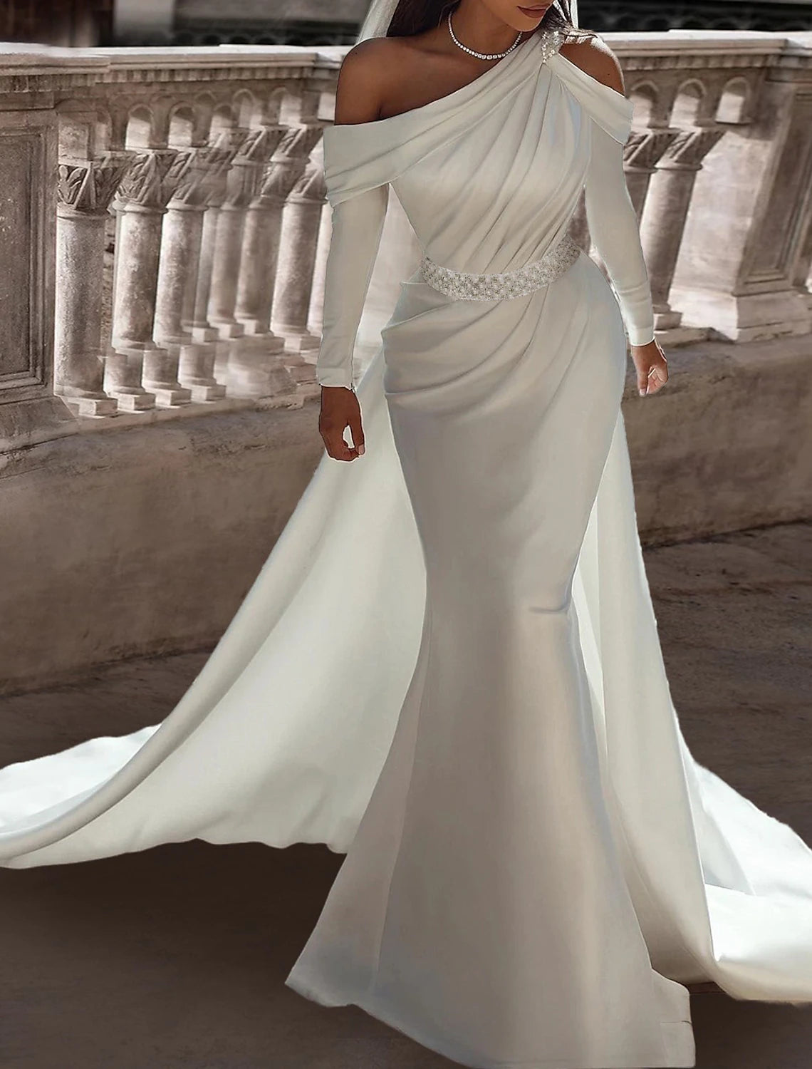 Luolandi One Shoulder Long Sleeve Floor Length Satin Bridal Gowns With Sash Wedding Dresses / Ribbon Beading Pure Color