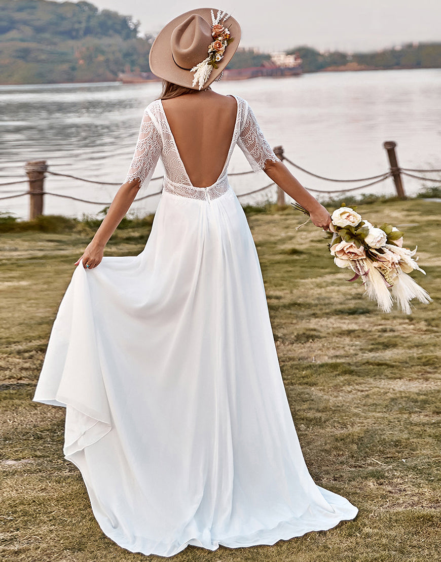 Luolandi Ivory Lace Chiffon Half Sleeves Boho Wedding Dress With Slit Open Back Sexy
