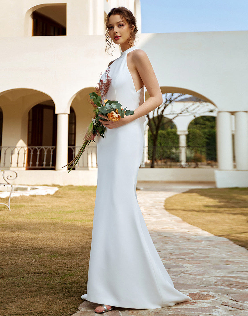 Luolandi Mermaid Halter Open Back Wedding Dress Floor Length Pure Color