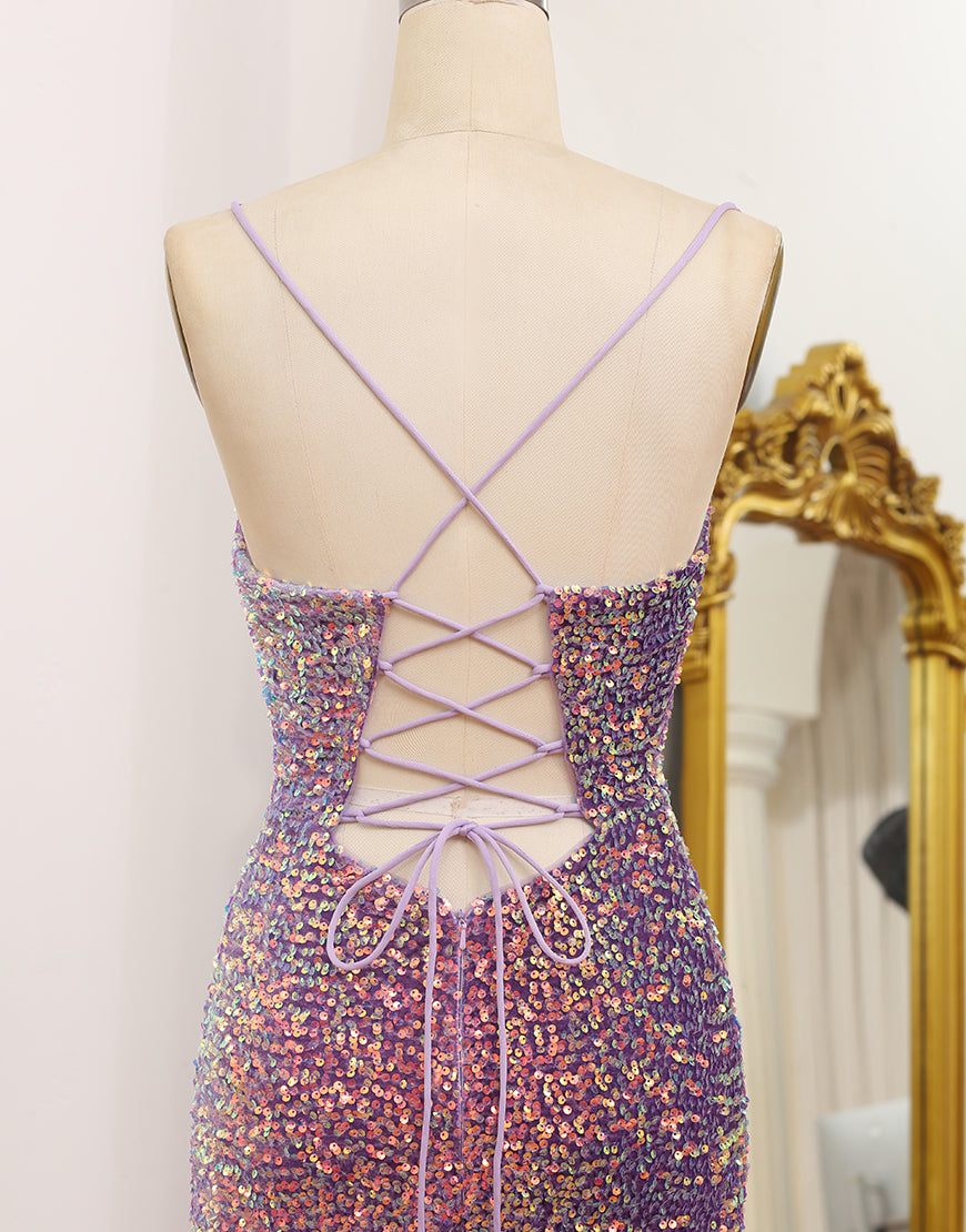 Luolandi Sparkly Light Purple Lace-Up Back Sequins Long Prom Dress with Fringes Sexy