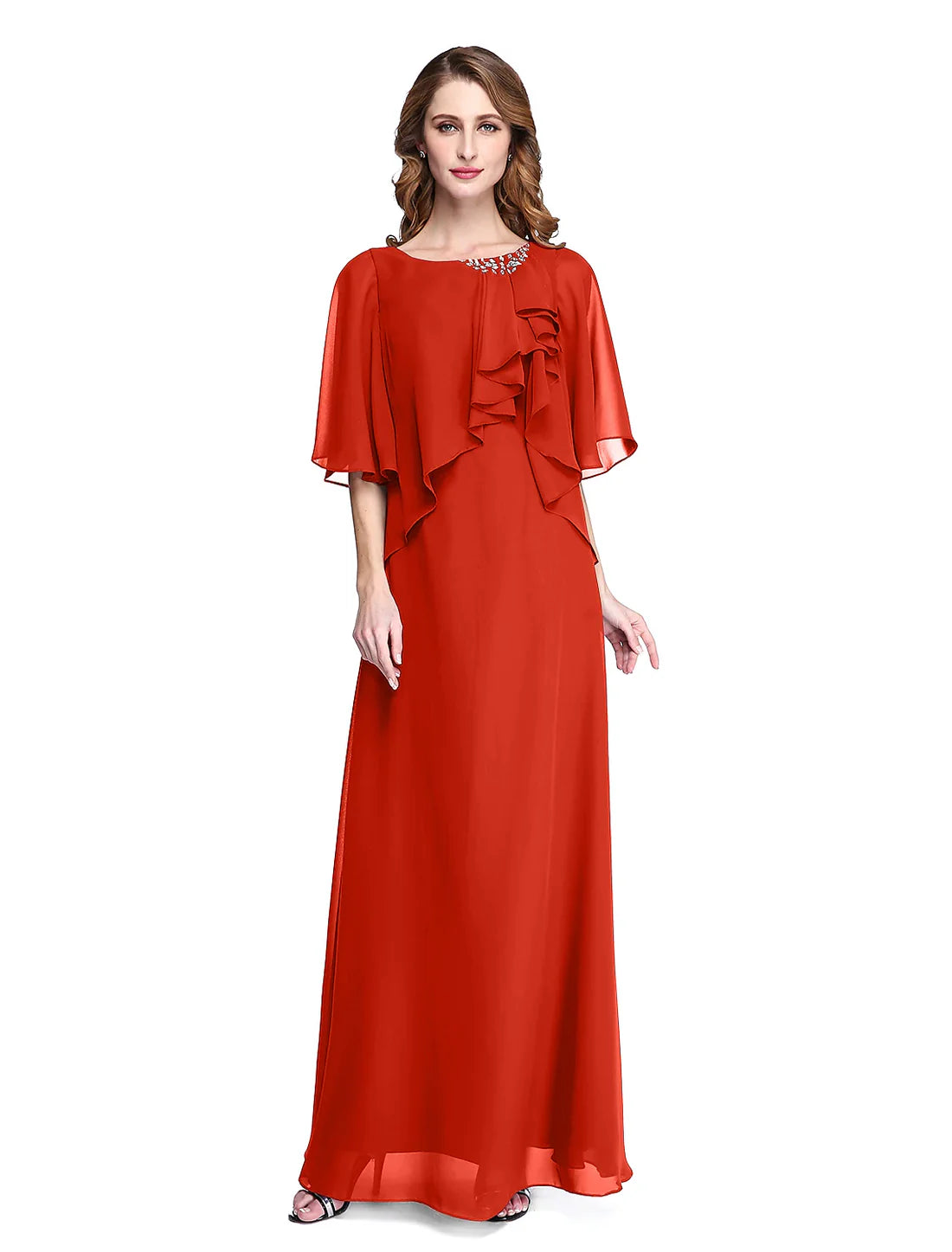 Luolandi Sheath / Column Mother of the Bride Dress Elegant Open Back Jewel Neck Floor Length Chiffon Half Sleeve with Pleats Beading