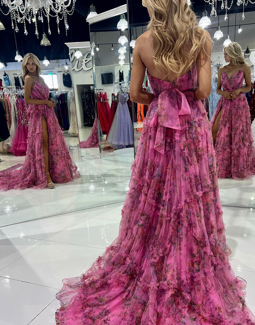 Luolandi Fuchsia Sweetheart Off The Shoulder A-Line Prom Dress With Slit Sexy