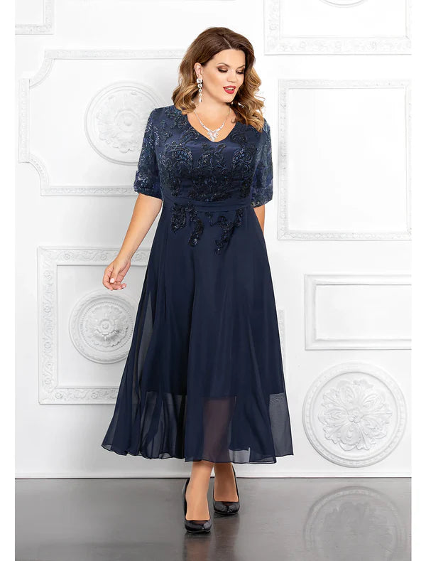 Luolandi A-Line Mother of the Bride Dress Plus Size Elegant V Neck Ankle Length Chiffon Sequined Half Sleeve with Appliques Dark Navy