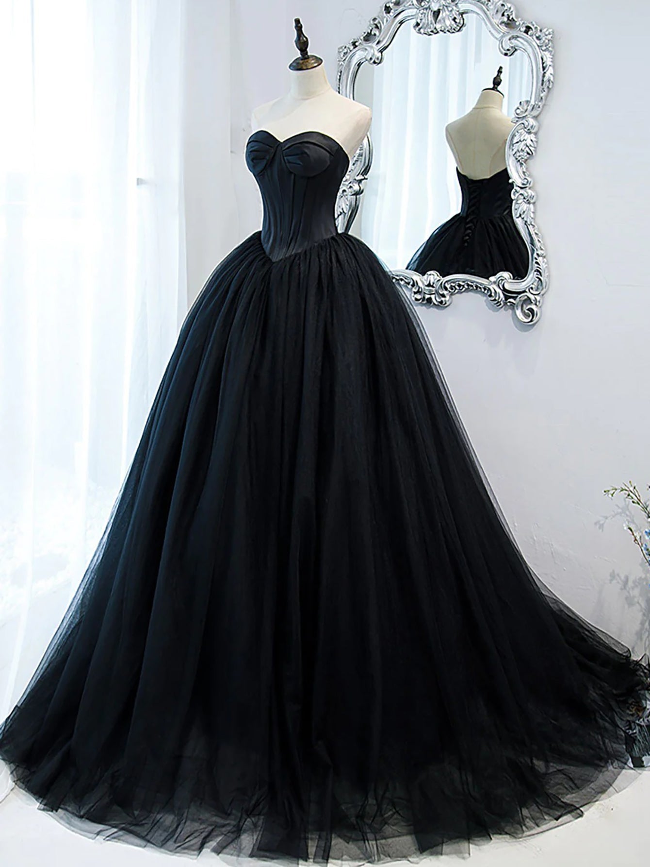 Luolandi Black A Line Sweetheart Princess Tulle Long Prom Dress Off Shoulder