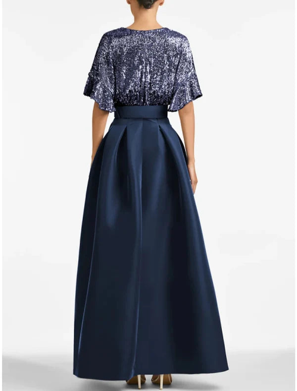 Luolandi A-Line Evening Gown Sparkle & Shine Dress Formal Wedding Guest Ankle Length Half Sleeve V Neck Satin with Glitter Pleats Sexy