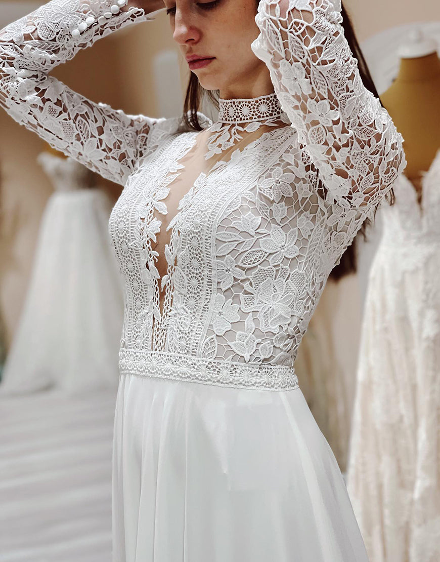 Luolandi A Line Long Sleeves Ivory Long Bridal Dress With Slit Wedding Dresses