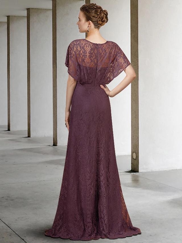 Luolandi Mother of the Bride Dress Elegant Jewel Neck Floor Length Lace Short Sleeve with Pleats Grape