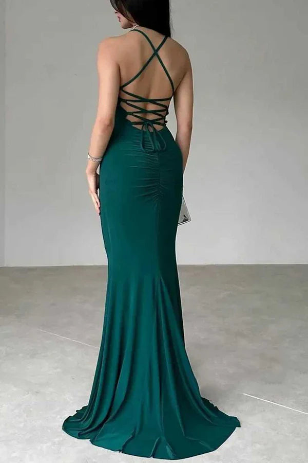 Luolandi Fitted thin shoulder strap with sleeveless lace up for party and ball evening dress Sexy