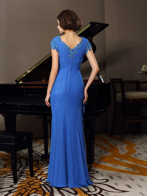 Luolandi A-Line/Princess V-neck Beading Applique Short Sleeves Long Chiffon Mother of the Bride Dresses Blue