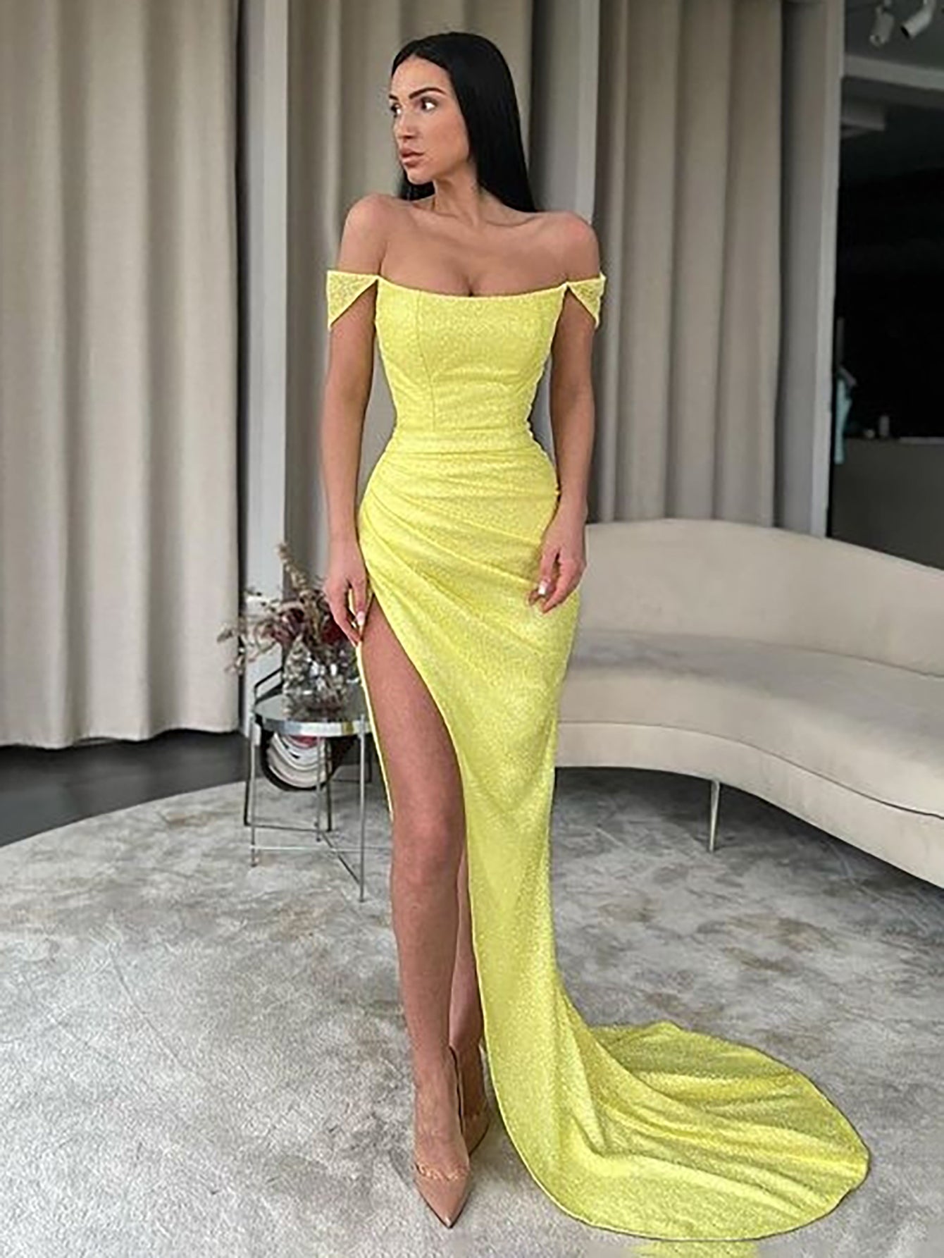 Luolandi Yellow Off the Shoulder Long Prom Dress With Slit Sexy Evening Dress