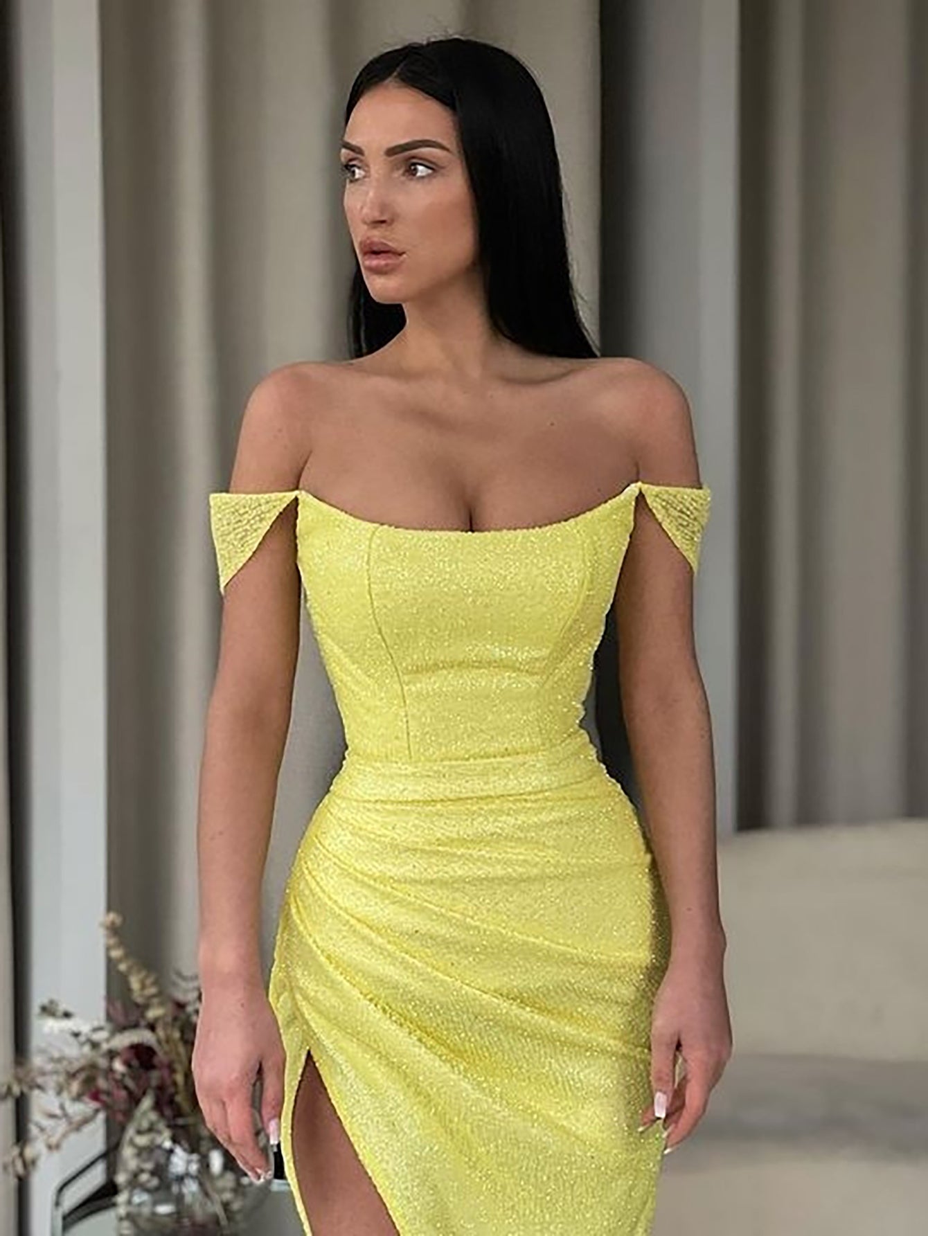 Luolandi Yellow Off the Shoulder Long Prom Dress With Slit Sexy Evening Dress