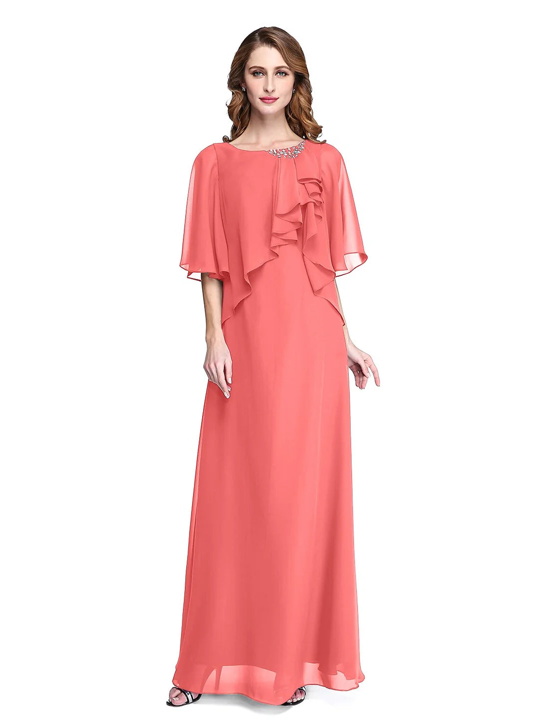 Luolandi Sheath / Column Mother of the Bride Dress Elegant Open Back Jewel Neck Floor Length Chiffon Half Sleeve with Pleats Beading