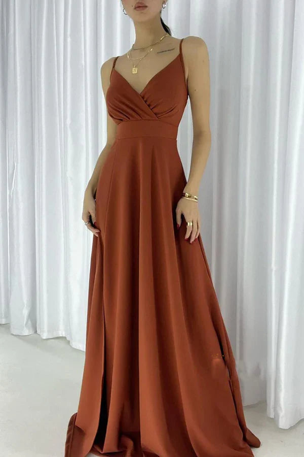 Luolandi Simple A-line sexy V-neck shoulder strap long slit evening dress Pure Color