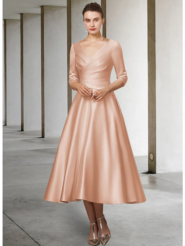 Luolandi A-Line Mother of the Bride Dress Elegant V Neck Tea Length Satin Half Sleeve with Pleats Ruching Dusty Rose