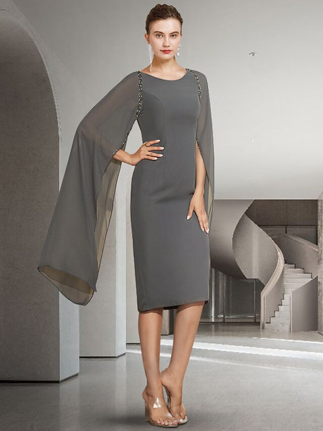 Luolandi Mother of the Bride Dress Elegant Jewel Neck Knee Length Chiffon Long Sleeve with Beading Charcoat Gray