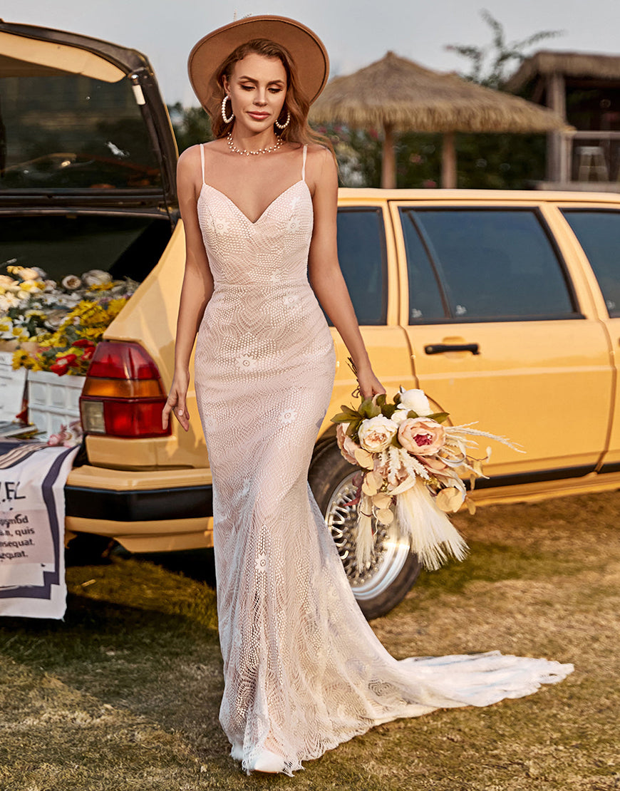 Luolandi Ivory and Champagne Spaghetti Straps Beach Wedding Dress With Sweep Train Beautiful