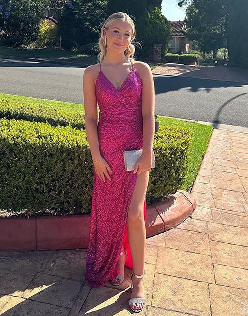 Luolandi Fuchsia Sparkly Spaghetti Straps Mermaid Sequin Long Prom Dress With Slit Sexy Evening Dress