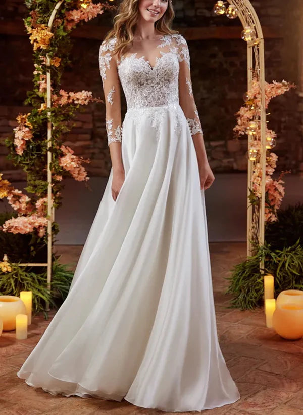 Luolandi Boho Lace Wedding Dresses With 3/4 Sleeves Floor Length with Appliques Elegant
