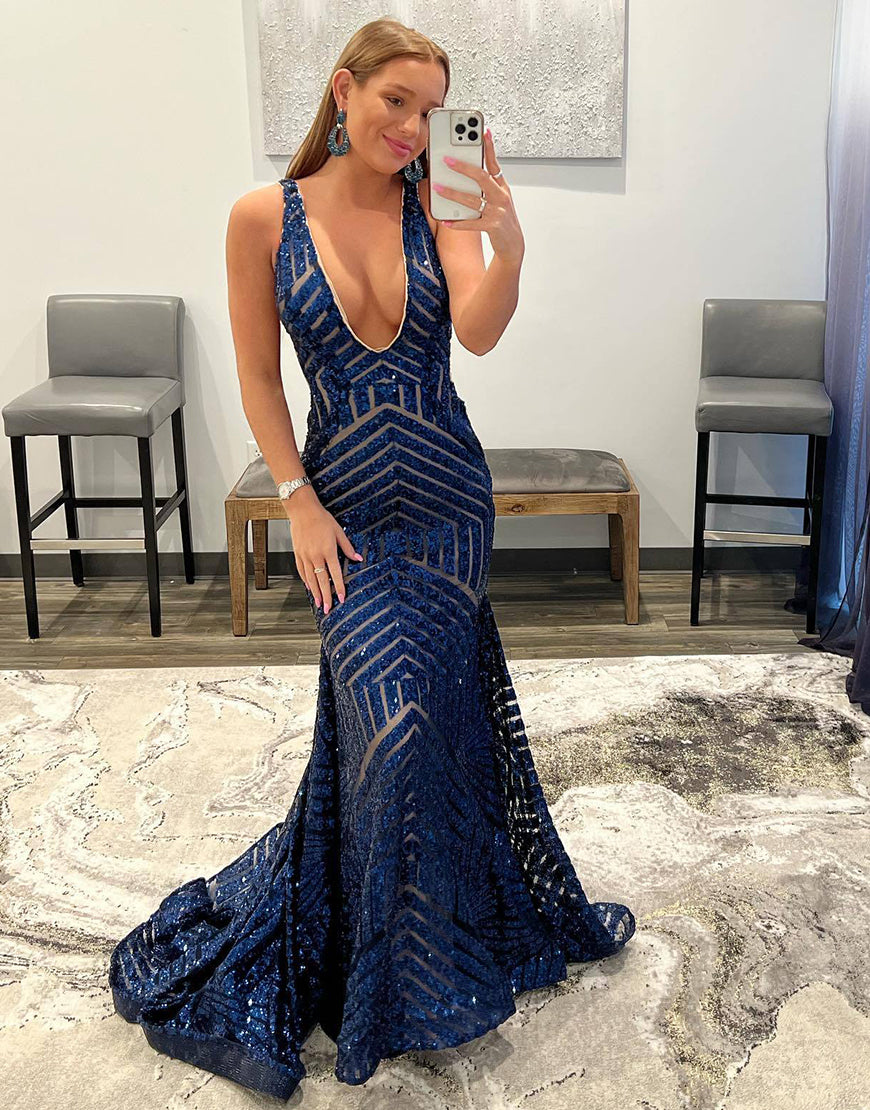 Luolandi Deep V-neck Sequin Mermaid Prom Dress Sexy Evening Dresses