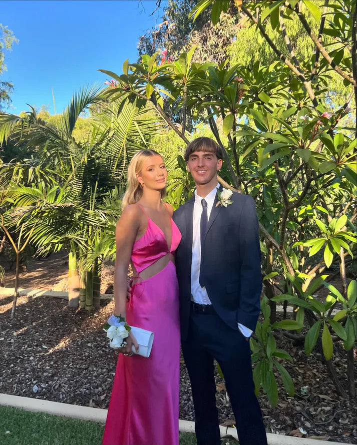 Luolandi Hot Pink V Neck Backless Simple Satin Long Party Dress Sexy Evening Dress Formal Dress