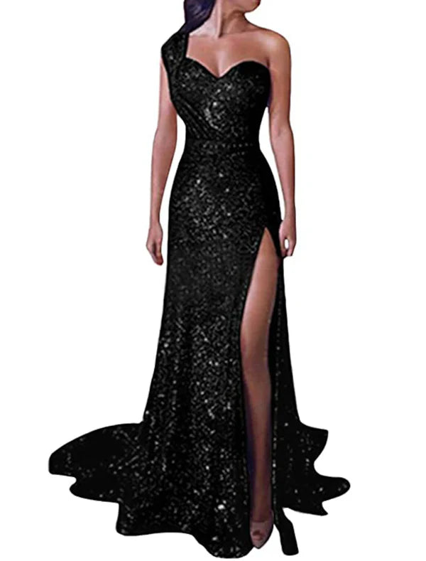 Luolandi Mermaid Dress Evening Dresses Christmas Red Green Dress Sparkle & Shine Dress Prom Formal Evening Court Train One Shoulder Sleeveless Sequined with Sequin Slit Sexy