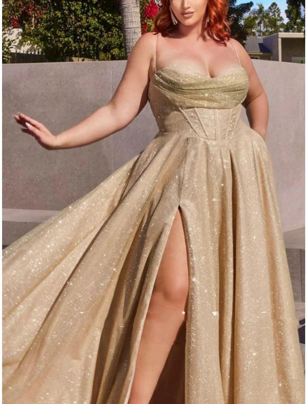 Luolandi A-Line Evening Gown Elegant Dress Formal Court Train Sleeveless Spaghetti Strap Sequined with Glitter Pleats Ruched Sparkly