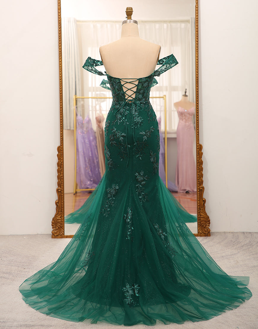 Luolandi Stylish Mermaid Off the Shoulder Dark Green Corset Prom Dress with Split Front Sexy