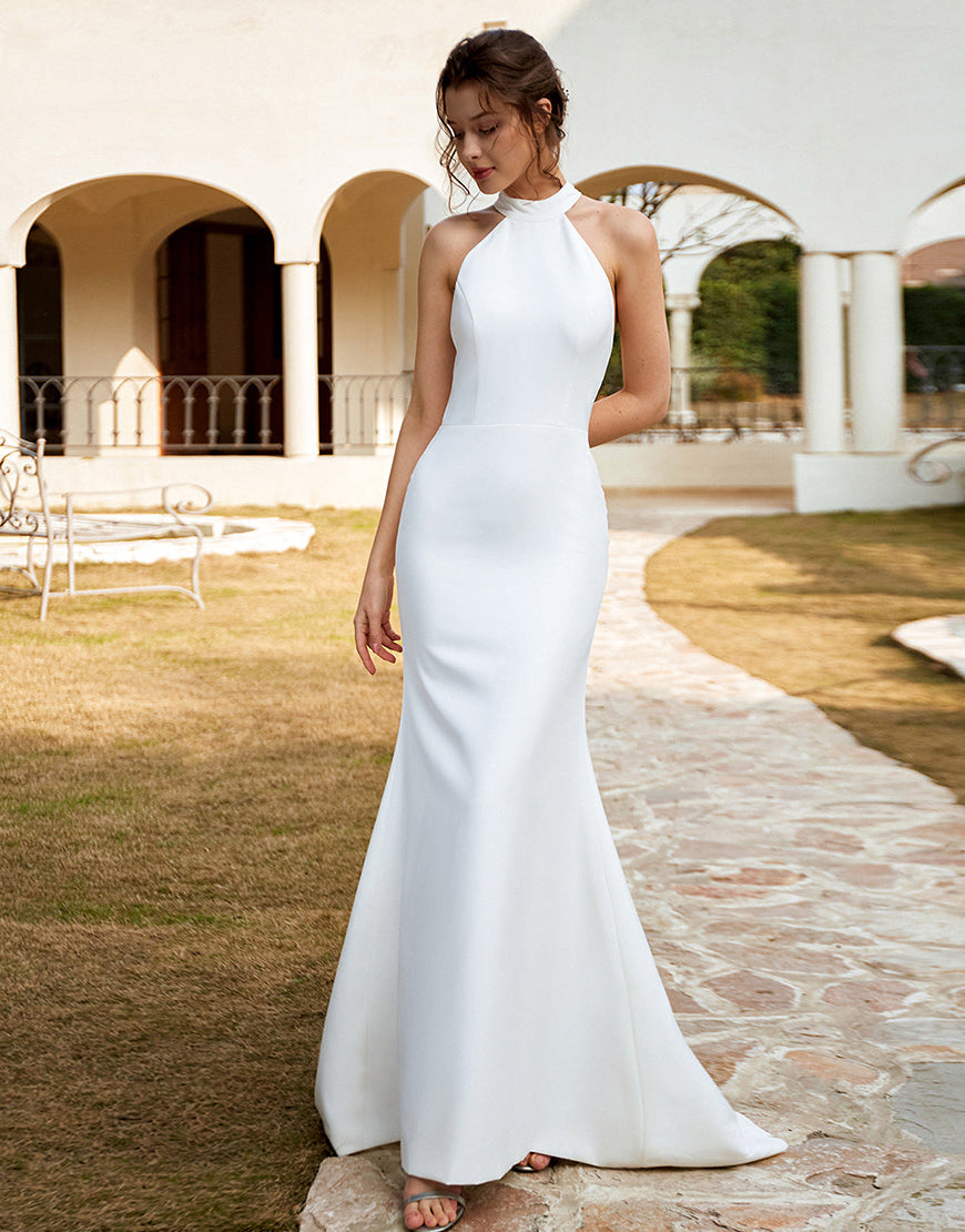 Luolandi Mermaid Halter Open Back Wedding Dress Floor Length Pure Color