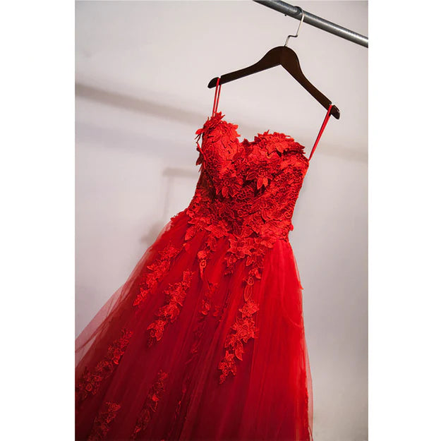Luolandi Red Sweetheart Tulle with Applique Party Dress Tulle Formal Gowns Floor Length Prom Dress