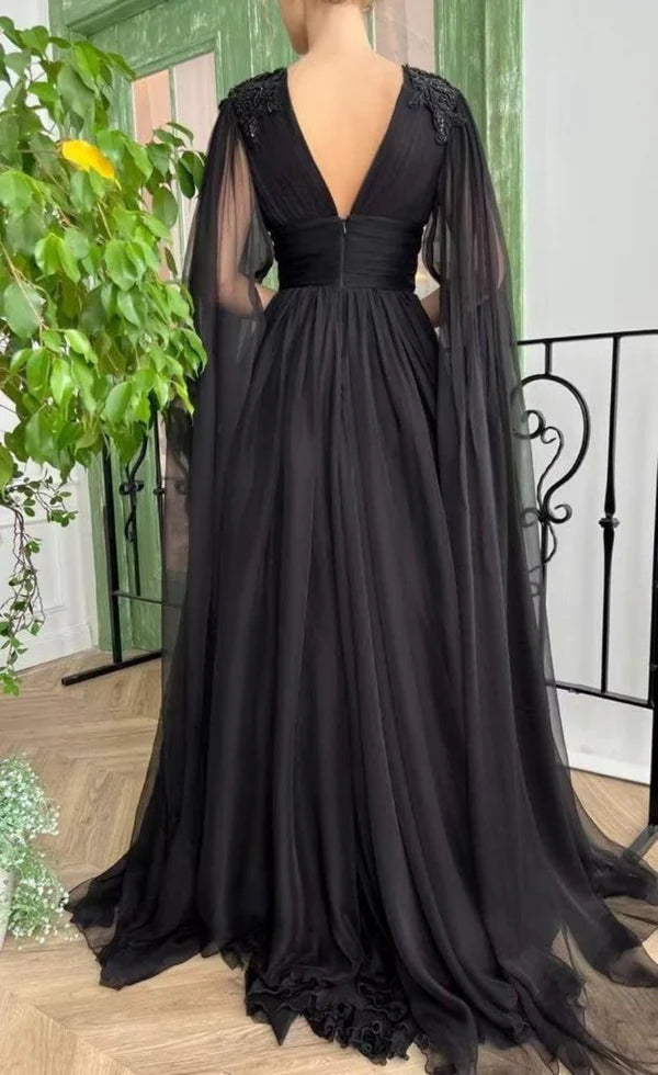 Luolandi A-Line Evening Gown Black Dress Plus Size Formal Masquerade Court Train Long Sleeve V Neck Wednesday Addams Family Chiffon with Buttons Slit