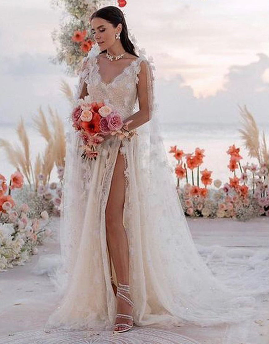 Luolandi A-line Lace Wedding Dress with Split V-neck Sexy Beautiful Bridal Gown No With bride veil