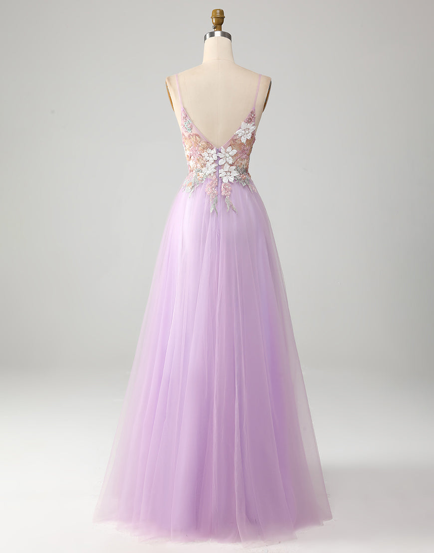 Luolandi Lilac A-Line V-Neck Long Prom Dress With Applique With Slit Beautiful Flowers