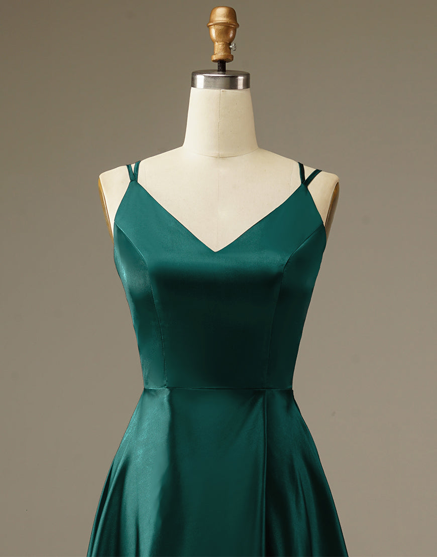 Luolandi Dark Green Satin Long Simple Prom Dress V-neck Sexy Evening Dress Party Dress