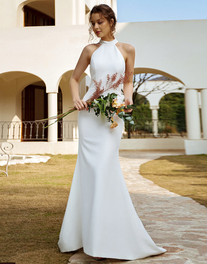 Luolandi Mermaid Halter Open Back Wedding Dress Floor Length Pure Color