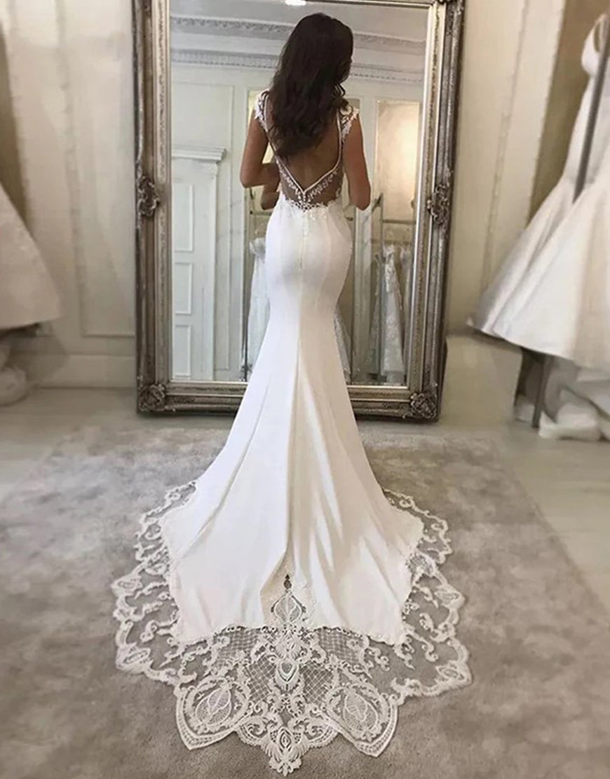 Luolandi Satin Mermaid Lace V-neck Cap Sleeves Wedding Dress With Appliques Sexy