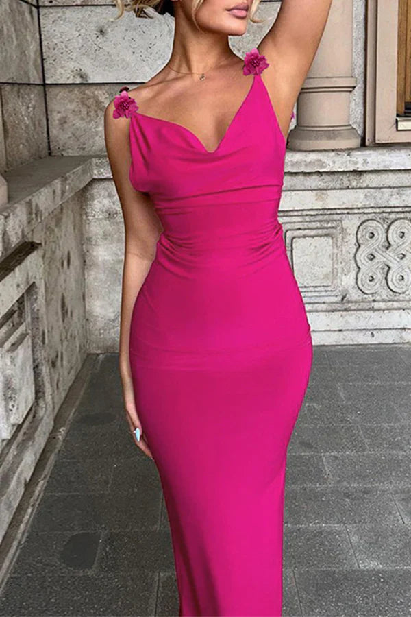 Luolandi Sexy Solid Color Flower U-Neck One Step Dress Evening Dress Fuchsia