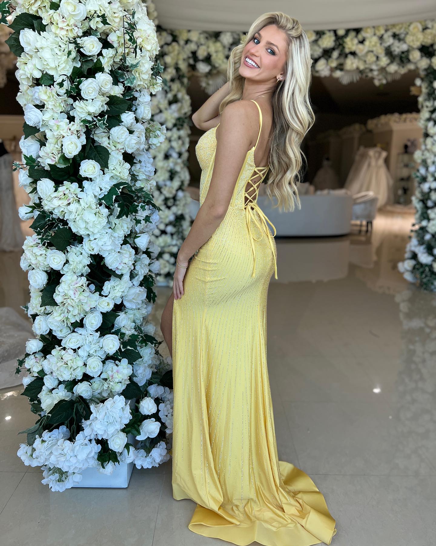 Luolandi Yellow Mermaid Glitter Long Prom Dress With Split Sexy Evening Dresses Sparkly