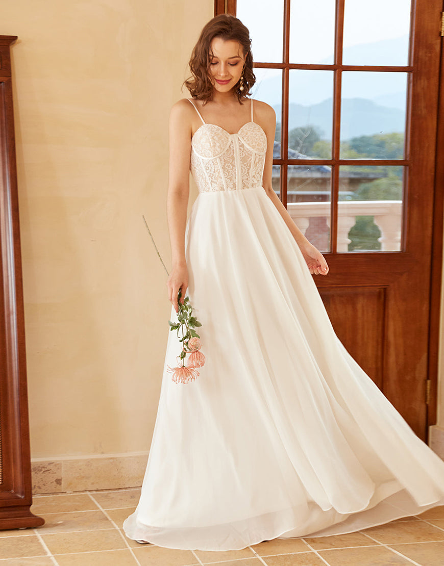 Luolandi A Line Spaghetti Straps Wedding Dress with Appliques Floor Length Beautiful