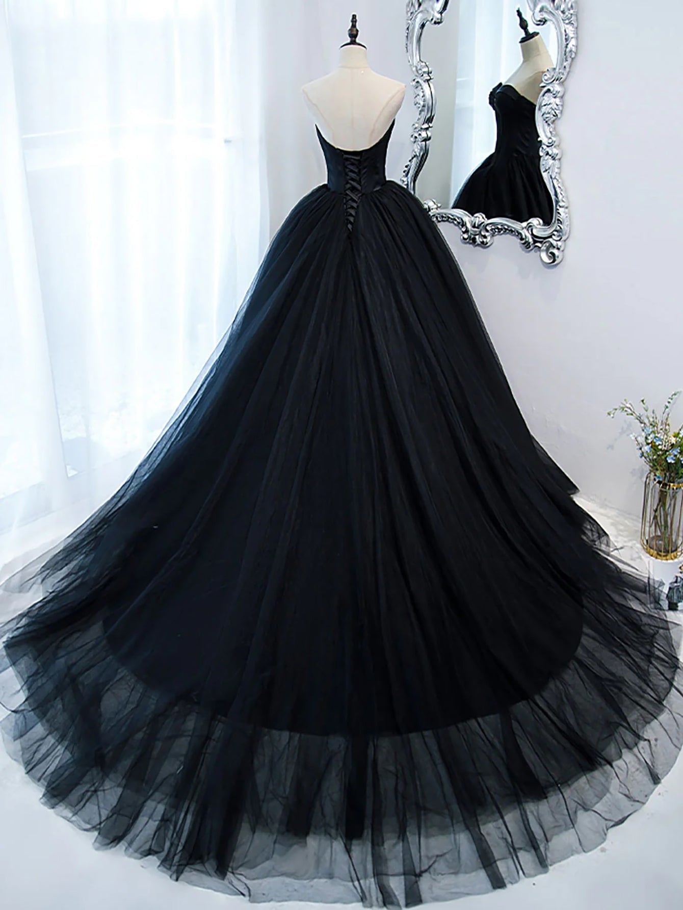 Luolandi Black A Line Sweetheart Princess Tulle Long Prom Dress Off Shoulder